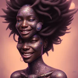 Portrait of black woman psychedelic, smiling, sango fantasy, fantasy magic, intricate, sharp focus, illustration, lot's of grain on the skin, tribal tatoos,highly detailed, digital painting, concept art, matte, masterpiece, one head, high key lighting, volumetric light high details psychedelic background