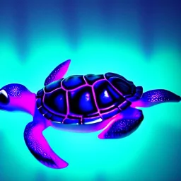 Baby turtle swimming in glowing water purple and blue glowing mushroom trees