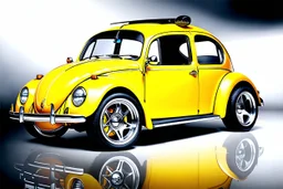 volks wagen beetle , classic model, paint shining yellow, big wheels, aeodinamic kit, , style cartoon
