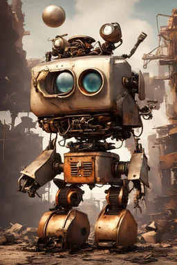 Baz-like metal robot flying with one eye with junkyard background