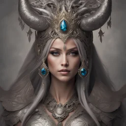 (((magnificent woman, horns, regal presence, ornate headdress, striking, powerful, authority, fair skin, shimmering silver armor, elegant, flowing hair, lustrous silver, strength, beauty, intricate designs, resolute, symbol of power, grace, demand reverence, piercing eyes, mystery, ancient knowledge, ready to lead, guide through realms), fantasy), detailed, dramatic lighting, (portrait, close-up), HD, UHD, (dark, mysterious, (exquisite, high-quality)), unreal engine), Annie Stegg