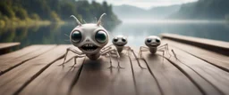 close up on huge dented glowing ghost transparent ant skeleton rat babies smiling in fast boat with googly eyes, raised by ninja necromancer in the wild, on wooden bridge by lake in surreal reflecting stone chrome landscape, background motion blur, volume light fog, rays, 4d maze