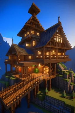 a open minecraft house, viking style, majestic looking, wood and good lightning, built in a steep mountain wall