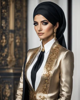 A length image ,professionals photography cinematography, stand action pose an beautiful young girl super model iranian wearing islamic hijab as spy detective with shoulder length wearing luxury jewelrys and lipstick. She is wearing a islamic fashion luxury tuxedo with a black bowtie. Her jacket is black decorations golden art and it is not buttoned. Her jacket has a corsage,She is smiling. Her cufflinks are black.stand pose in futuristic