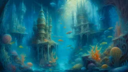 An oil painting depicting an ethereal underwater city with intricate coral structures and glowing sea creatures swimming around