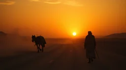 Create a cinematic picture inspired by Saadi’s poem of separation. Show a Persian traveler and a caravan slowly departing at sunset, while a grieving lover remains behind in silence. Use symbolic imagery of loneliness, burning sorrow, drifting dust, an empty road, a fading horizon, tears, and a heart broken by absence. The visuals should feel poetic, emotional, and timeless, with classical Persian atmosphere, soft wind, slow motion, dramatic shadows, and elegant transitions. The overa
