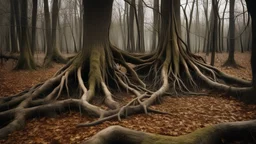 Two bare trees with exposed roots on a forest floor, surrounded by fallen leaves