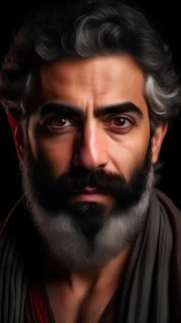 Beautiful Man face with gray beard, dark hazel eyes , black soft hair , light brown skin,wearing arabic cloth , ultra releastic