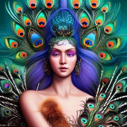 Insanely detailed photograph of an elaborate beautiful peacock goddess intricate glowing skin eyes intricate face hair lashes fur dress hyperdetailed painting by Anna Dittmann Huang Guangjian and Dan Witz CGSociety ZBrush Central fantasy art album cover art 4K 64 megapixels 8K resolution HDR Greek shiny space colours jewelry celestial hair eyes light"