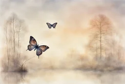 double exposure, merged layers, ethereal butterfly, Sunrise on a misty morning. over a misty pond in the hieght of fall. Watercolour by Alison Brady. Pastel colours, heart and love Arthur Rackham Gothic Watercolour Jean-Baptiste Monge Ernst Haeckel Minimalist Kay Sage watercolour art