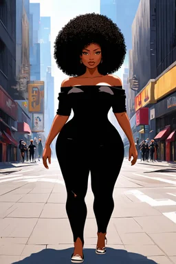 Create a oil painting cartoon image of a curvy black female walking thru the city streets wearing a black off the shoulder jumpsuit. Prominent make up with brown eyes. Highly detailed tight curly black shiny afro