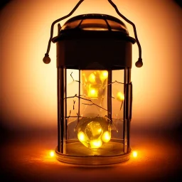 glowing fireflies in a lantern, many ghostly lights inside a belljar, fairy lights, polaroid, symmetry, bioluminescence, luminescent glow, moody, tender, photorealistic, octane render, golden hour