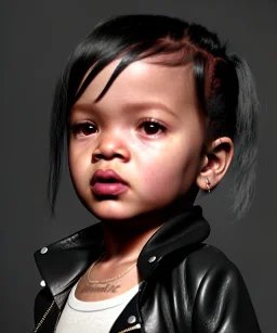 Rihanna toddler, full body, leather jacket, soft skin, dramatic lighting, hyper realistic