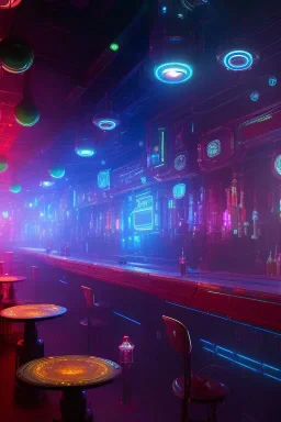 a few robots in a cyberpunk bar, digital art style. fantasy, volumetric lighting, particales,highly detailed wide shot, cinamatic, Zack Snyder stlye, colourful, w