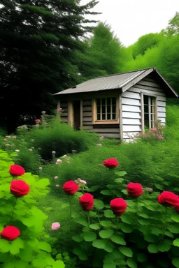 A cabin in the summer surrounded by rose bushes