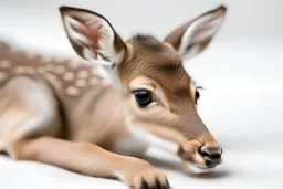 een lief schattig hertenjong dat ligt, heeft lange wimpers, een lichtgekleurde effen achtergrond,