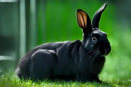 Cybernetically enhanced black rabbit. Photograph.