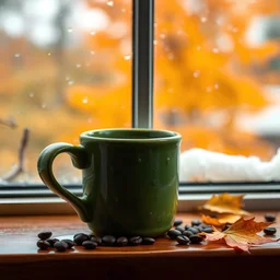 Create a cozy autumn scene focused on a green ceramic coffee mug sitting on a windowsill. The mug is covered in water droplets, indicating the cool, rainy weather outside. Through the window, show a blurred view of vibrant orange and yellow fall foliage. The window itself is speckled with raindrops, adding to the rainy day atmosphere. On the wooden windowsill, scatter a few fallen autumn leaves and coffee beans, creating a warm, inviting setting. The overall mood should evoke a sense of warmth a