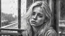 Black and white pencil sketch of a sad blonde on a balcony, rain, tears, photorealism, 3d, 64k, high resolution, hyperrealism, f/16, 1/300 sec.