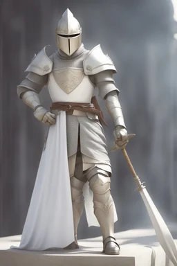 Picture of a knight wearing white armor and white cape with white helmet, holding a spear