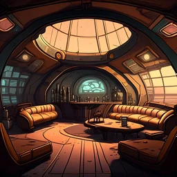 epic, anime style, high detail, no people, nobody, a fortified Luxurious lounge bar in underground post-atomic shelter no windows