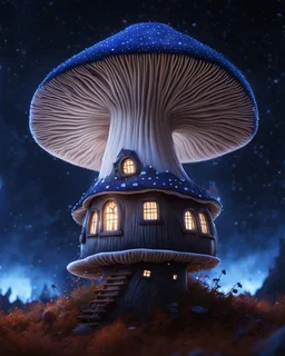 An illogically floating mushroom house on a clear night. white and white and blue, Stars Dark cosmic interstellar. Detailed Matte Painting, deep color, fantastical, intricate detail, splash screen, hyperdetailed, insane depth, concept art, 8k resolution, trending on Artstation, Unreal Engine 5, color depth, backlit, splash art, dramatic, High Quality Whimsical Fun Imaginative Bubbly, perfect composition