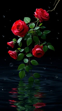 The image is a digital artwork that depicts a branch of tree of Red roses and leaves tangling in to a water in the river with aThe rose floats on the surface of the water, creating a wave-like effect. The background is black, which makes a branch of a tree of red roses stand out even more. Water droplets are scattered adding to the dreamy, ethereal quality of the image.