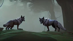 wolves on a large rock in the forest