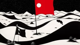 An abstract illustration by Malevich and Kuniyoshi of a black and white desert landscape with a minimalist red pirate flag.