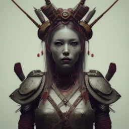 a warrior princess in samurai armor, red tattoo in the face, steam punk, scary, horror, realistic, made in octane, cinematic, movie, CGI, ultra-realistic, extremely detailed octane rendering, 8K, VRAY Super Real ar 2:3, dof photorealistic futuristic 50mm lens hard lighting dark gray tintype photograph, realistic lighting, sephia colors