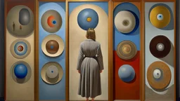 Woman in front of a wall with several circular holes of different sizes, painting by René Magritte, surrealism by Francis Bacon, Greg Rutkowski and Mark Rothko. Painting by Lucian Freud. photorealistic with a palette of a mixed media, very brutal, surreal, symmetrical