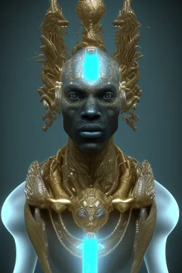 black male African Egyptian alien, cracks in the voodoo head, wicked, diamond eyes, crown, blood, 8k, finely detailed, photo realistic, leopard robe turquoise skull head gold dragon space alien rain skeleton gold teeth silver crown silver space suit spaceships