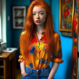 pretty girl, aged 21, ginger, conventionally attractive, colourful clothes, realism, jeans, sexy