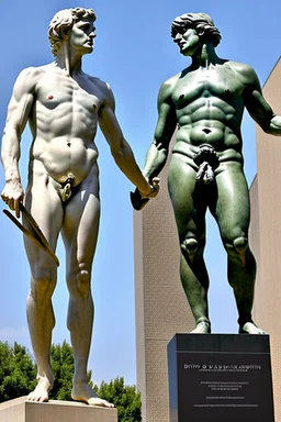 in a modern art display, two famous statues are next to each other, one is David and the other is the Discobulus statue. The discobulus hand covers the private part of David, they both look disgusted at each other