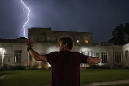 A young man standing, with arms raised, in front of a building at night, with RED fork lightning