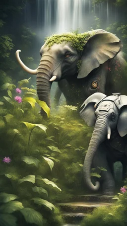 portrait of ninja robot elephant in the garden, waterfall and elves ,lotsa wild weed, in spotlight, magazine cover illustration with spray paint, signed, bokeh like, down-light, unreal engine, prize winning