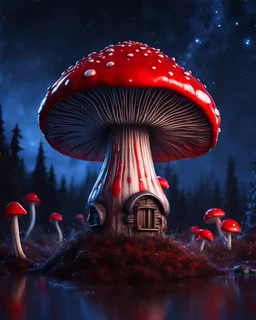 A solitary floating mushroom house on a clear night. silver and blue and red, Dark cosmic interstellar. Detailed Matte Painting, deep color, fantastical, intricate detail, splash screen, hyperdetailed, insane depth, concept art, 8k resolution, trending on Artstation, Unreal Engine 5, color depth, backlit, splash art, dramatic, High Quality Whimsical Fun Imaginative Bubbly, perfect composition