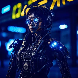 Wide cinematic photo of a candid Japanese Solarpunk hacker cyborg, shot using an anamorphic lens. The figure, with cybernetic enhancements,