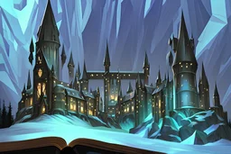 Hogwarts Fantasy Cartoon scholarly magic tower with wooden rafters, blue glowing crystals and dark stone covering it the the winter mountains,