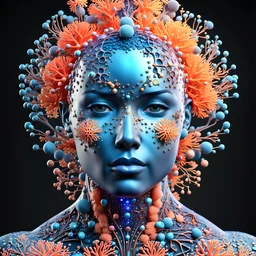 3D rendering of Expressively detailed and intricate of a hyperrealistic “ human head”: front view, full body, insect anatomical, human cell, molecules, coral, glossy skin, neon, scientific, black background, cosmic fractals, octane render, 8k post-production, dendritic, artstation: award-winning: professional portrait: atmospheric: commanding: fantastical: clarity: 16k: ultra quality: striking: brilliance: stunning colors: amazing depth