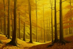 A golden yellow woodland grove in the morning painted by Frank Wilson