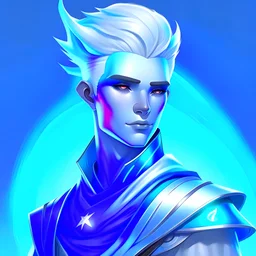 create a male young adult blue air genasi from dungeons and dragons, light blue skin, white short hair with skay blue highlights, sapphire eyes, wind like hair, wearing vestments, , digital art, high resolution, strong lighting