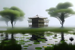 future fold form Iranian beach house above tree in the marsh, Water lily on water surface wealth of flora, with dancing performance, fog and rain