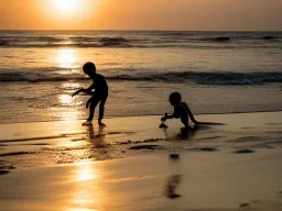 children playing on the Indian beach capture them against the sun and make an art silhouette, hyper details, real sharp, 8k, well detailed, well shaped