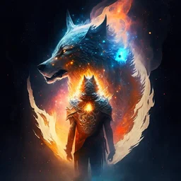 A terrible creature with a wolf's head and a human body,A shield made of fire and magic and the galaxy