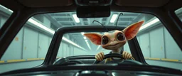 car driving happy 2d insect anime fluffy slimy alien sloth gremlin man in the style of Escher and Giger and Fallout 4, pinhole cam, airbrush 3d rendering, on tv screen:A five-second cinematic single take in a clean industrial presentation hall.