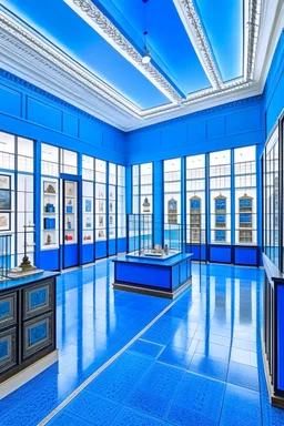 A bazaar in a museum with blue walls and a white floor