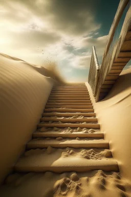 sand is crumbling from behind, walking down a long open staircase that goes into the sky, sand is flying, surrealism, stardust, fantastic, fantasy, hyper realism, realistic, 4000 k, iso 4064, hdr, 5 d, hyper detail, photorealistic painting, aesthetically pleasing, beautiful, professional photo, bright lighting, soft lighting, neon lighting, careful drawing down to small details, bright sparks, golden sand glows, ultrahd