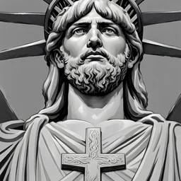 line toned, hedcut, wsj style, statue of Jesus of Liberty with a beard and wearing a cross and hanging from a cross, The statue male, hyperdetailed intricately detailed photoillustration ink drawing dystopian 8k resolution entire body of the statue is in the picture. digital illustration telephoto lens photography , same colors as the us treasury's one dollar bill, crucified"