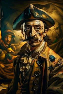 portrait of crazy art pirate thief in front of insane painting in the style of Salvador Dali, 4 k, down light, depth of field, trending on art station, high detail, cracked ground